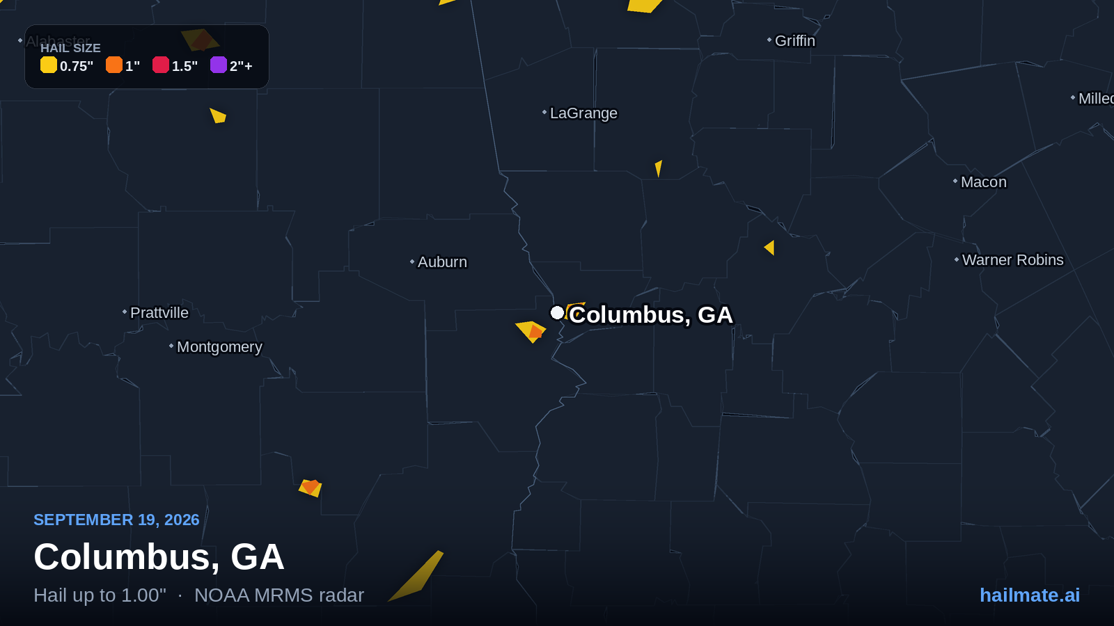 Hail swath map for Columbus, GA on September 19, 2026 showing 1.00 inch hail.