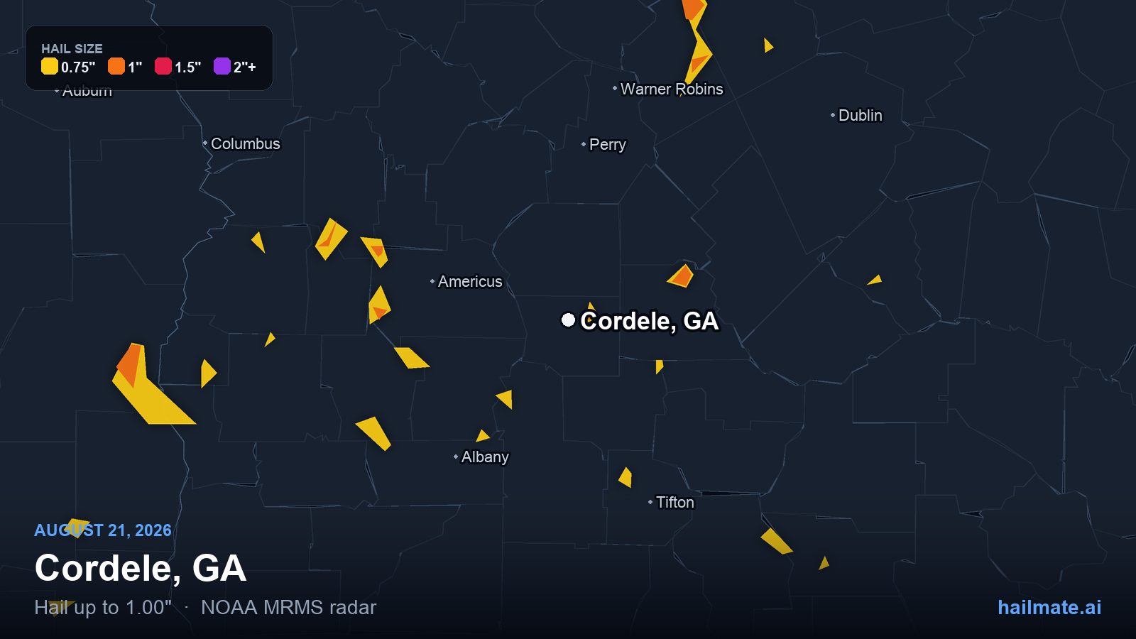 Hail swath map for Cordele, GA on August 21, 2026 showing 1.00 inch hail.