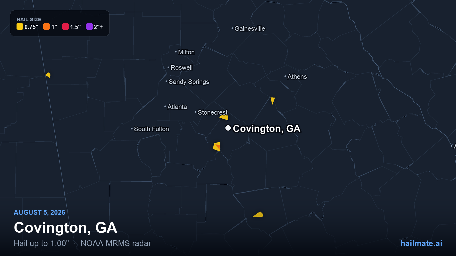 Hail swath map for Covington, GA on August 5, 2026 showing 1.00 inch hail.