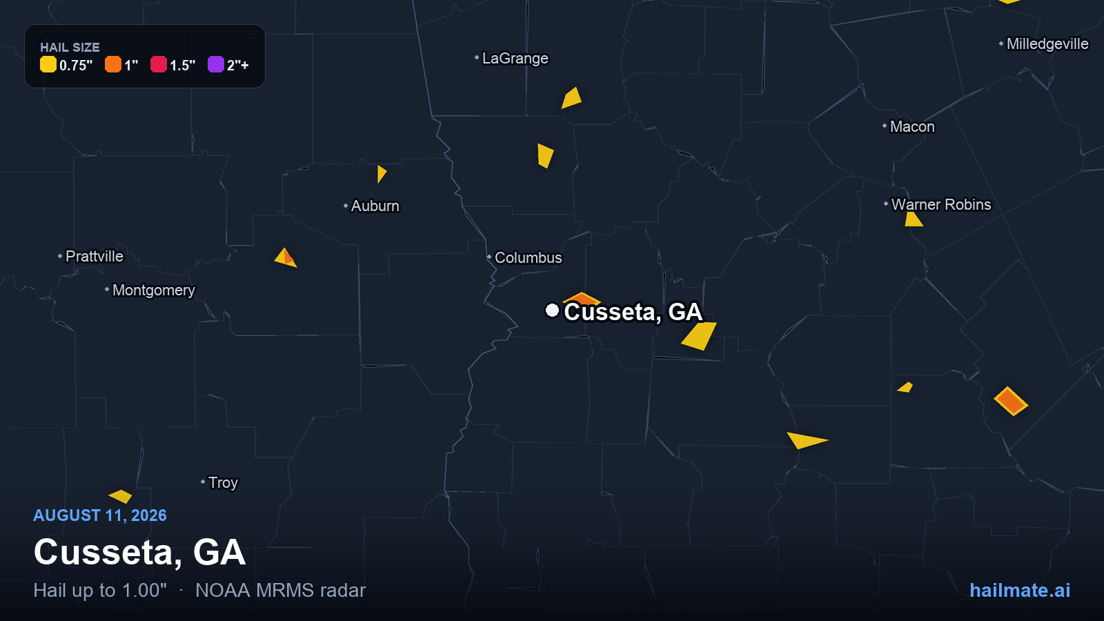 Hail swath map for Cusseta, GA on August 11, 2026 showing 1.00 inch hail.
