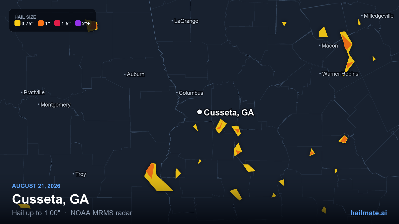 Hail swath map for Cusseta, GA on August 21, 2026 showing 1.00 inch hail.