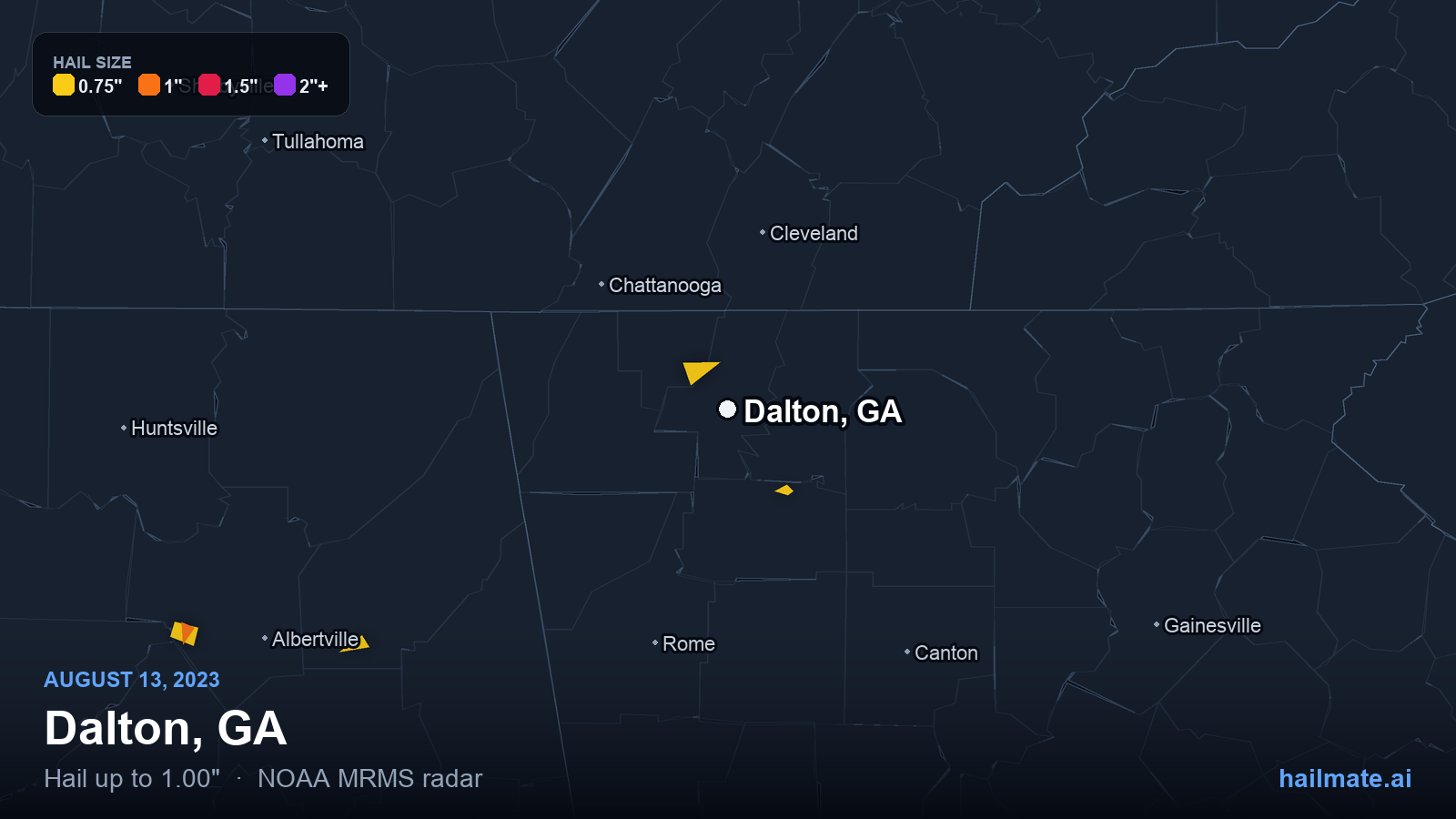 Hail swath map for Dalton, GA on August 13, 2023 showing 1.00 inch hail.