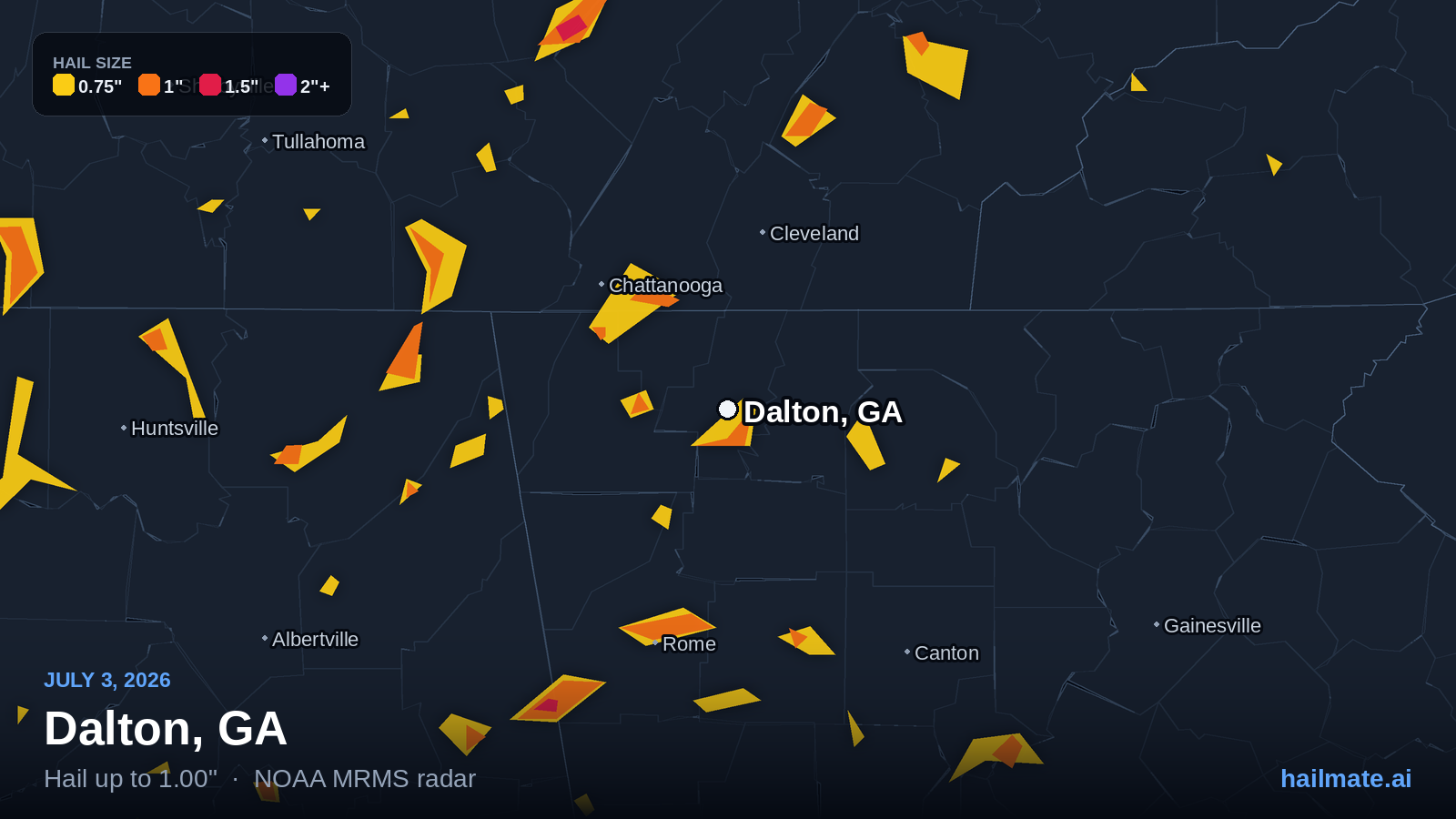 Hail swath map for Dalton, GA on July 3, 2026 showing 1.00 inch hail.