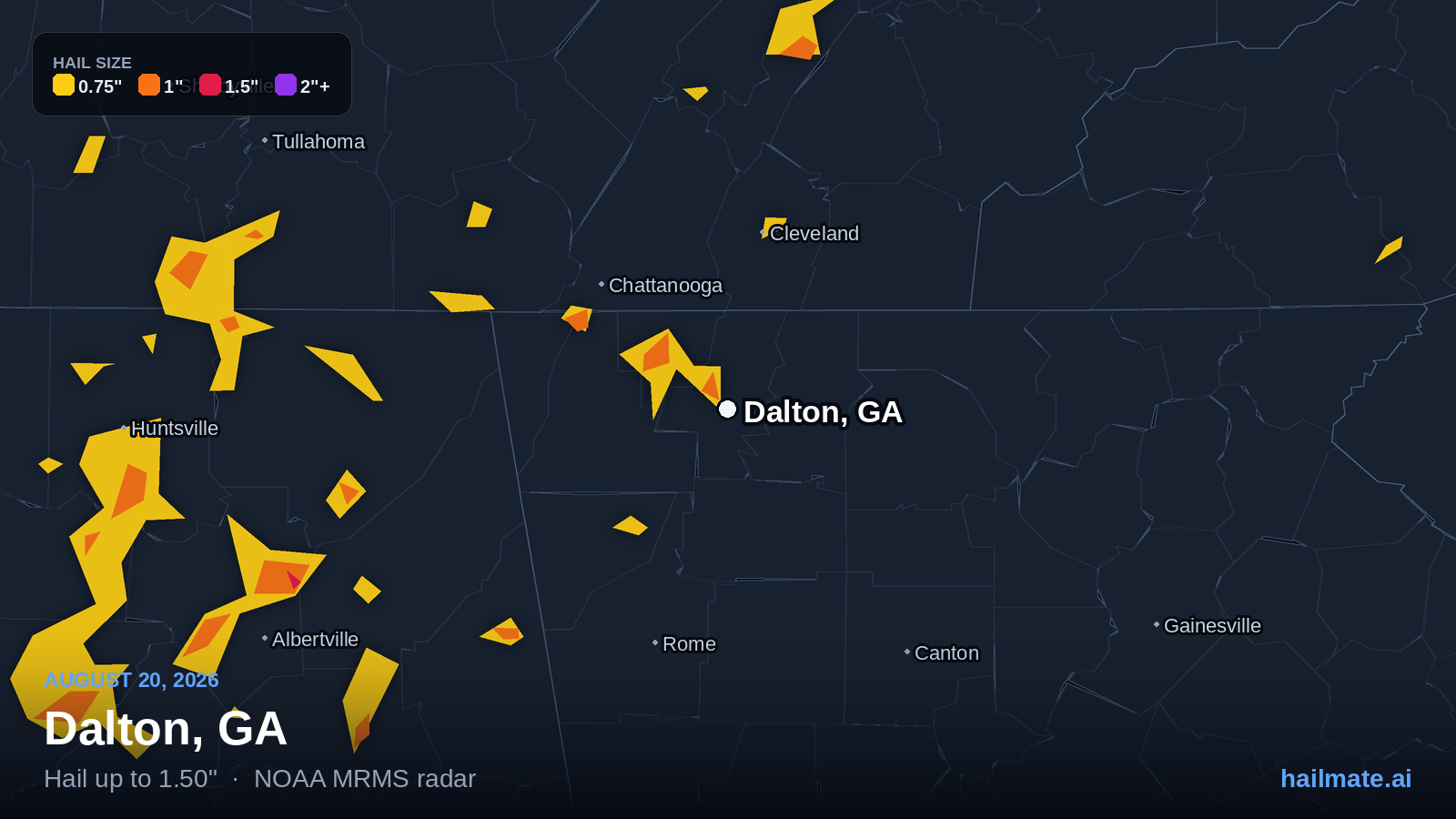Hail swath map for Dalton, GA on August 20, 2026 showing 1.50 inch hail.