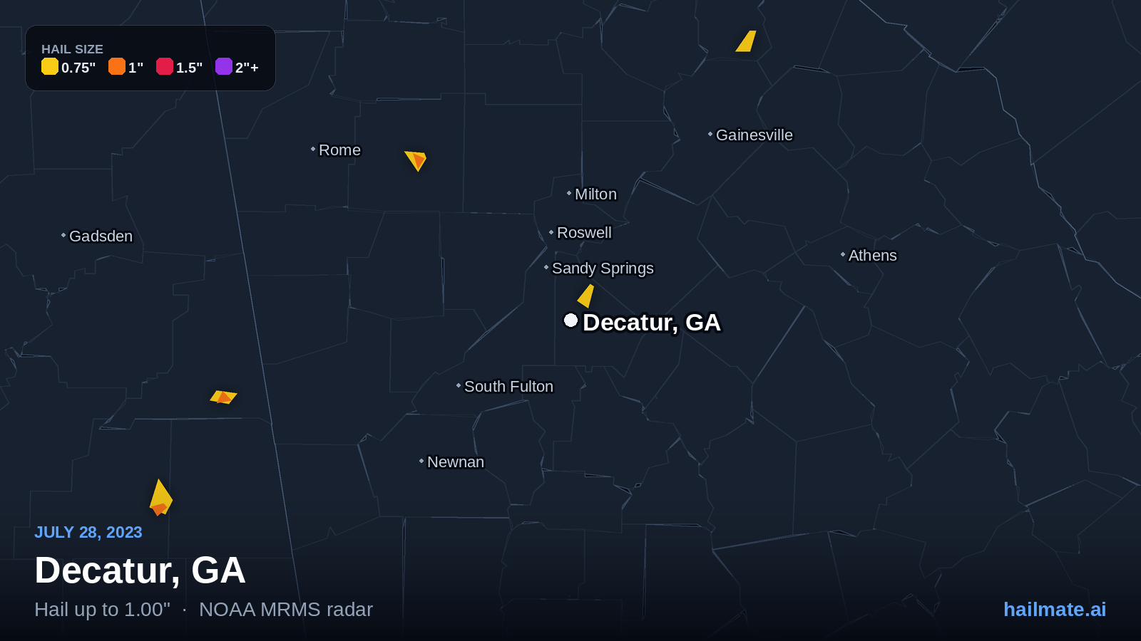 Hail swath map for Decatur, GA on July 28, 2023 showing 1.00 inch hail.