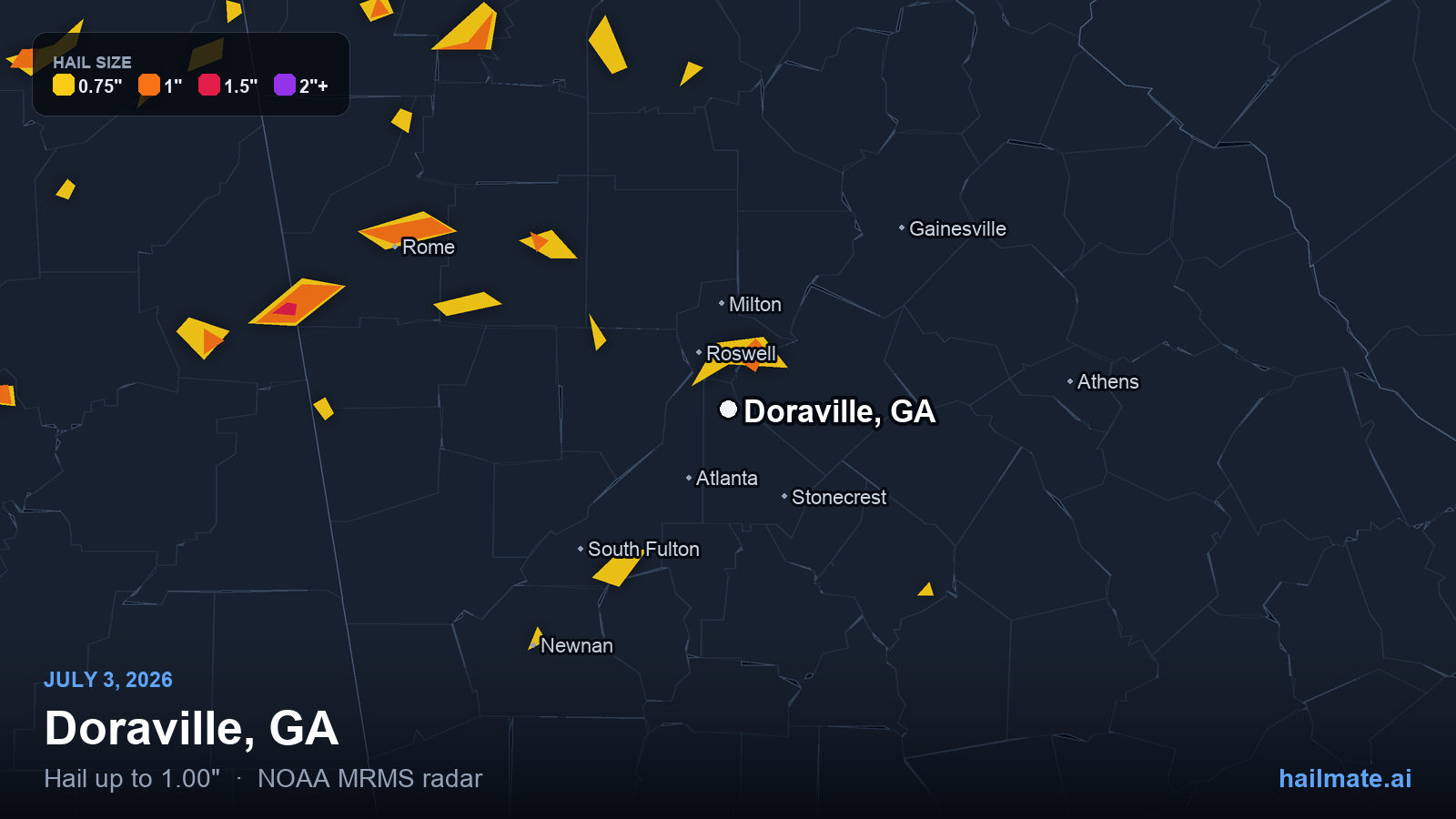 Hail swath map for Doraville, GA on July 3, 2026 showing 1.00 inch hail.
