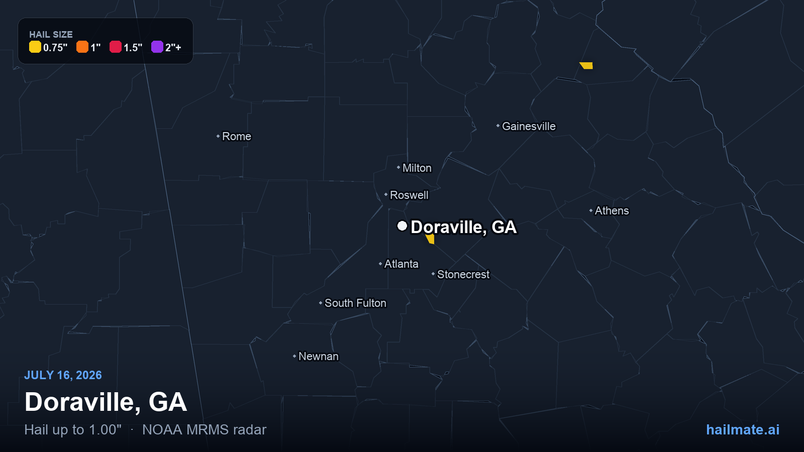 Hail swath map for Doraville, GA on July 16, 2026 showing 1.00 inch hail.