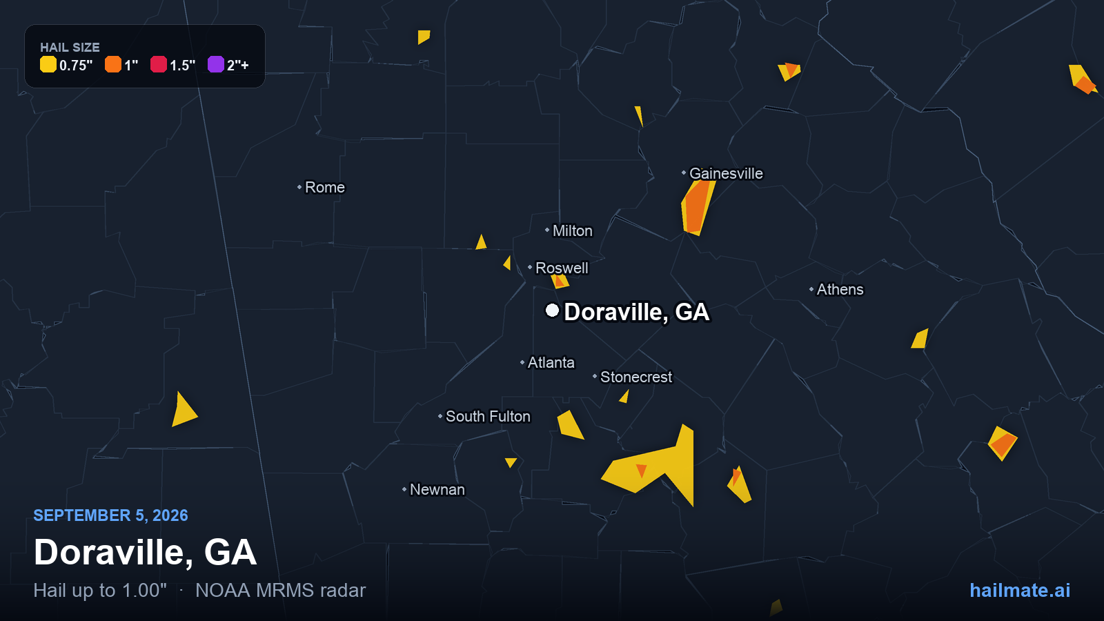 Hail swath map for Doraville, GA on September 5, 2026 showing 1.00 inch hail.