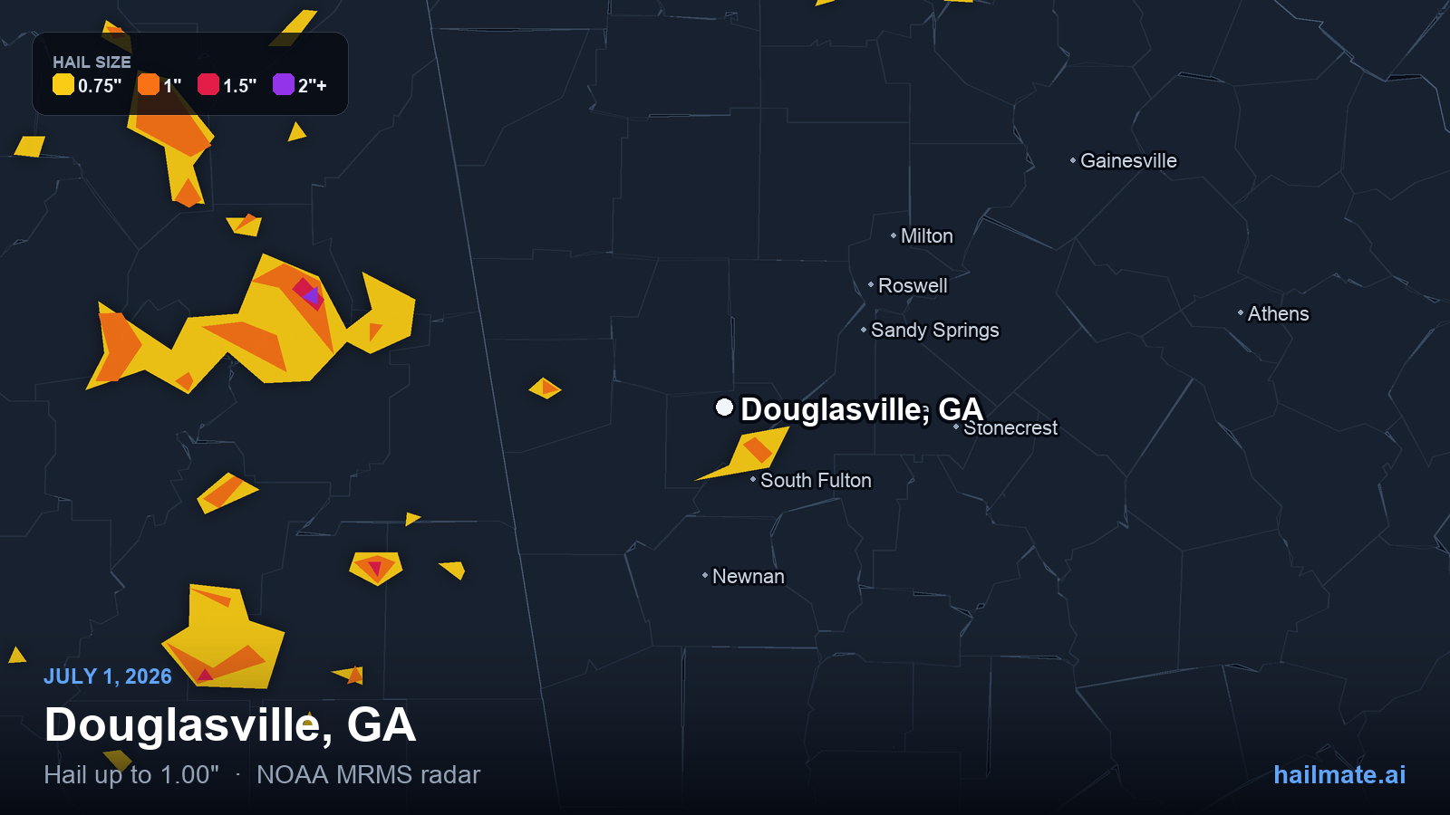 Hail swath map for Douglasville, GA on July 1, 2026 showing 1.00 inch hail.