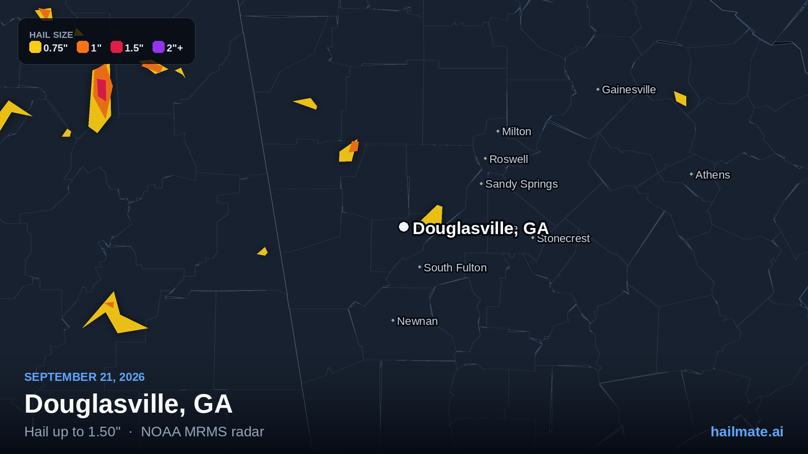 Hail swath map for Douglasville, GA on September 21, 2026 showing 1.50 inch hail.