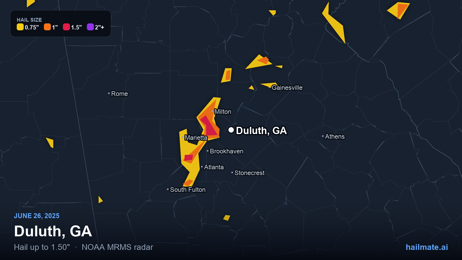 Hail swath map for Duluth, GA on June 26, 2025 showing 1.50 inch hail.