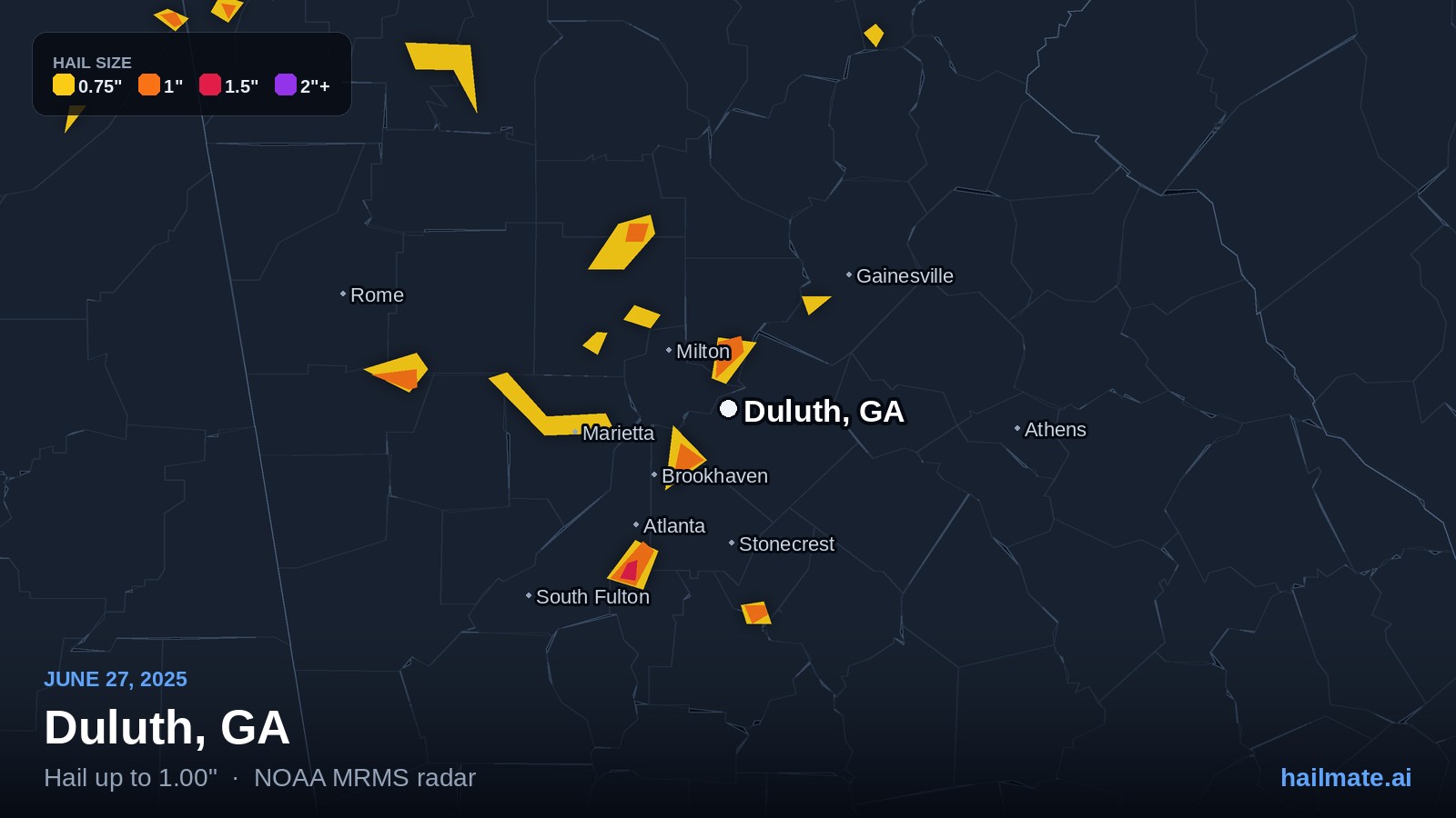Hail swath map for Duluth, GA on June 27, 2025 showing 1.00 inch hail.