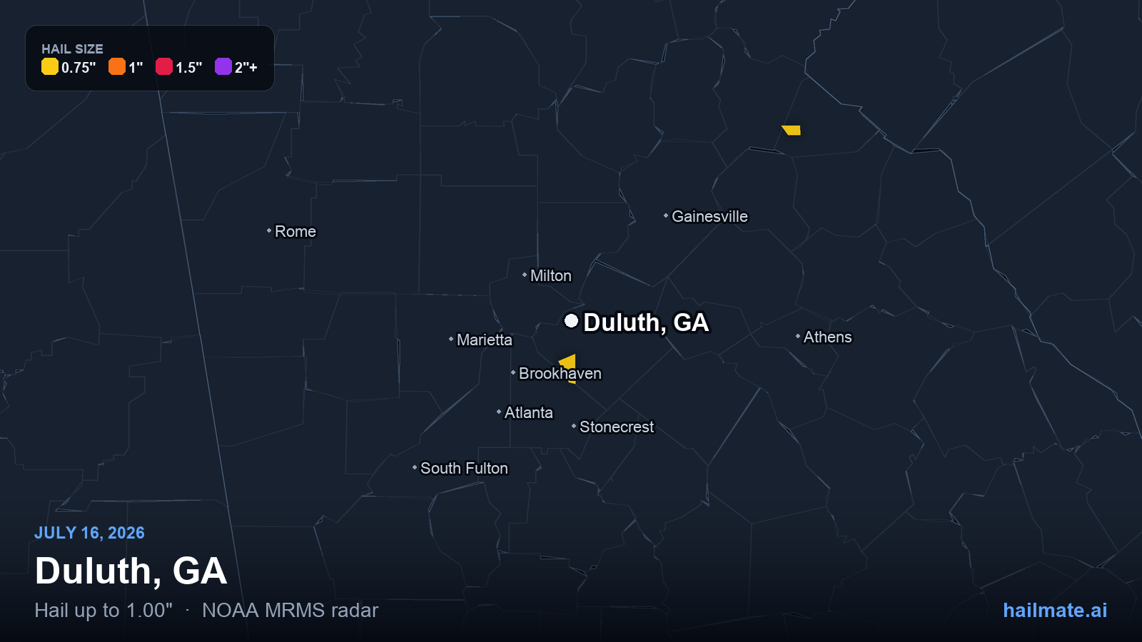 Hail swath map for Duluth, GA on July 16, 2026 showing 1.00 inch hail.