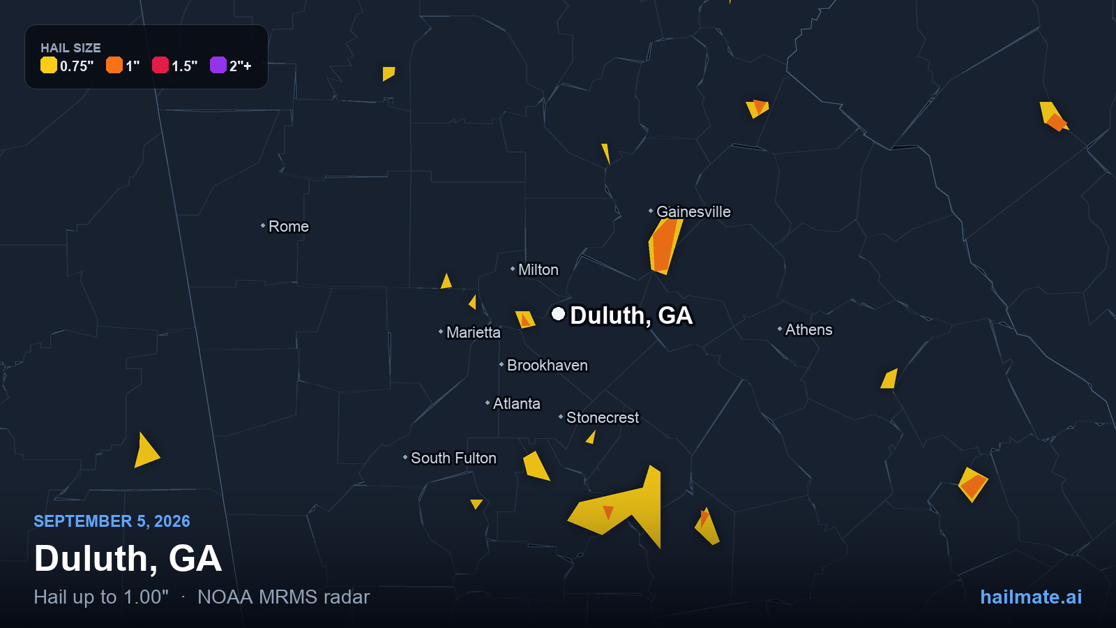 Hail swath map for Duluth, GA on September 5, 2026 showing 1.00 inch hail.