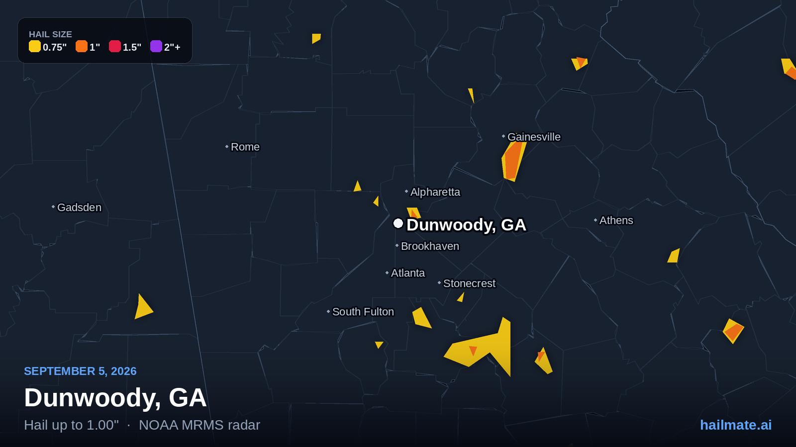 Hail swath map for Dunwoody, GA on September 5, 2026 showing 1.00 inch hail.