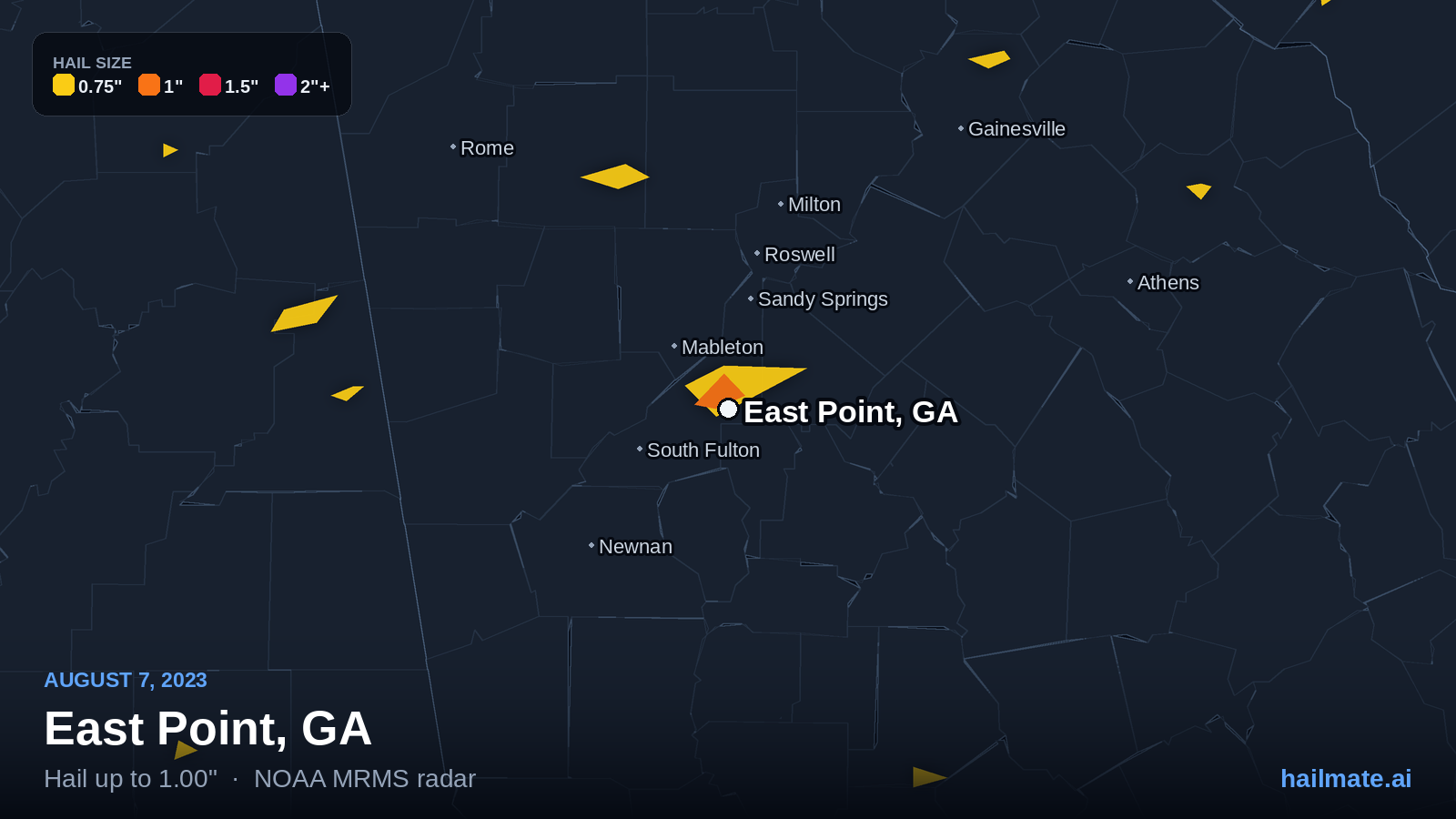 Hail swath map for East Point, GA on August 7, 2023 showing 1.00 inch hail.
