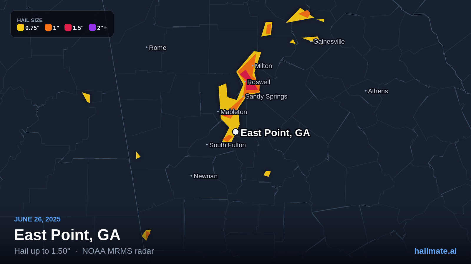 Hail swath map for East Point, GA on June 26, 2025 showing 1.50 inch hail.