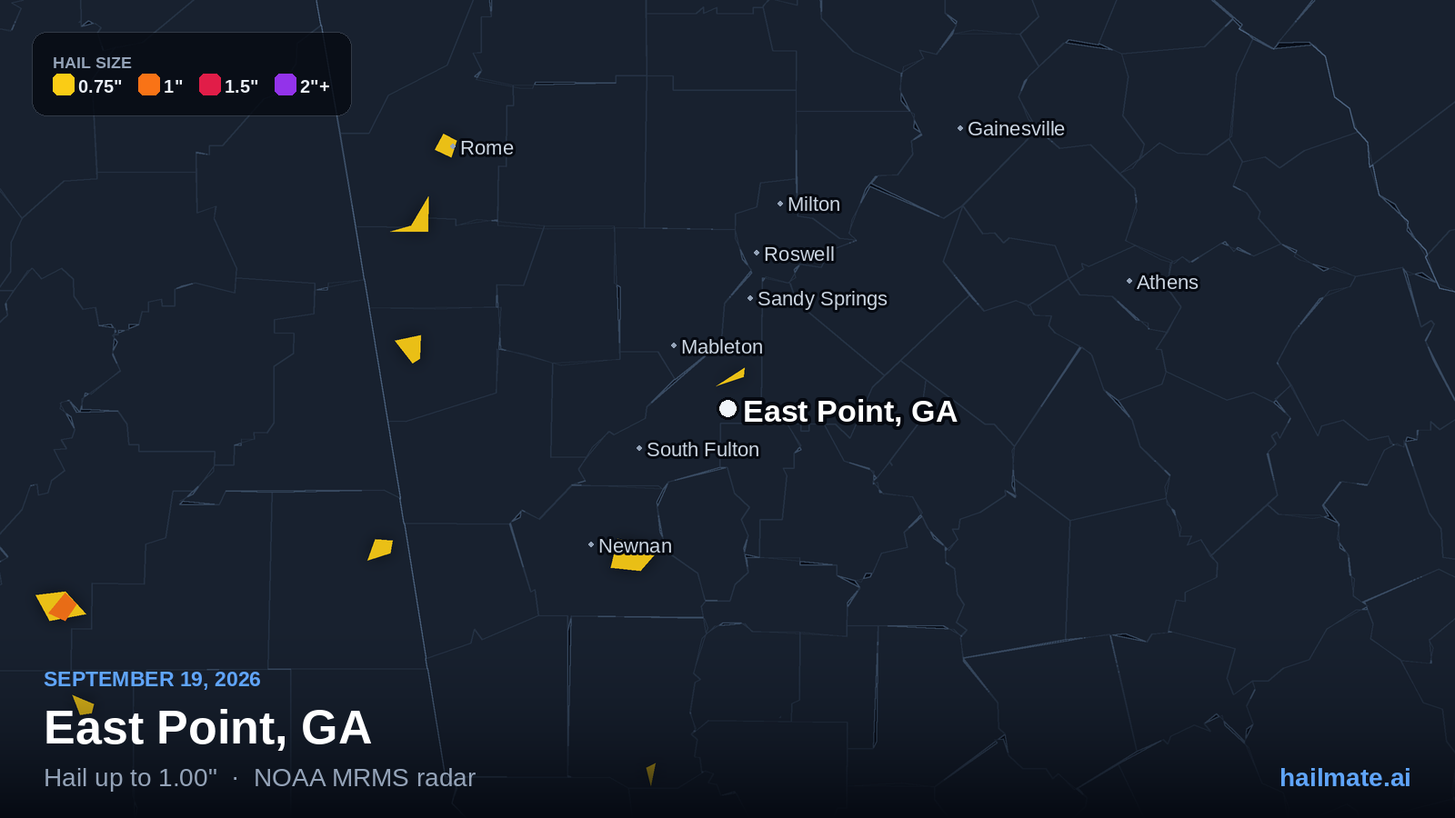 Hail swath map for East Point, GA on September 19, 2026 showing 1.00 inch hail.
