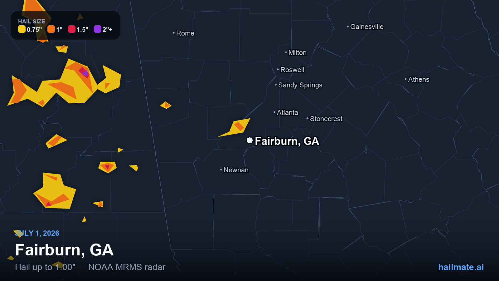 Hail swath map for Fairburn, GA on July 1, 2026 showing 1.00 inch hail.