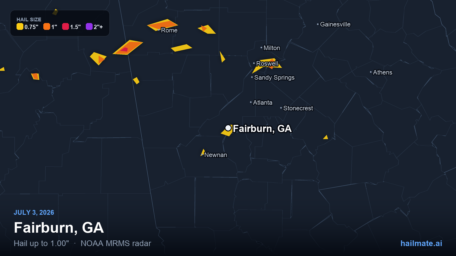 Hail swath map for Fairburn, GA on July 3, 2026 showing 1.00 inch hail.