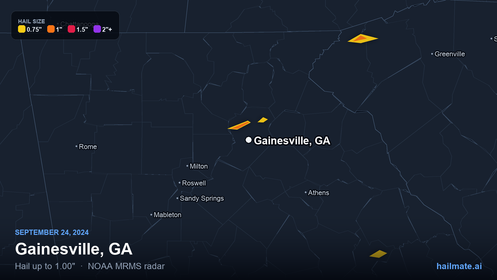 Hail swath map for Gainesville, GA on September 24, 2024 showing 1.00 inch hail.