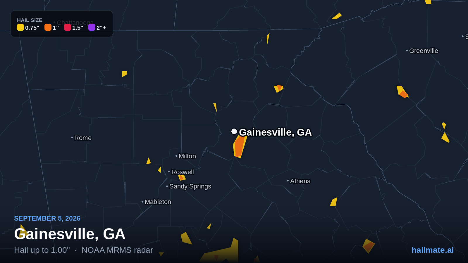Hail swath map for Gainesville, GA on September 5, 2026 showing 1.00 inch hail.