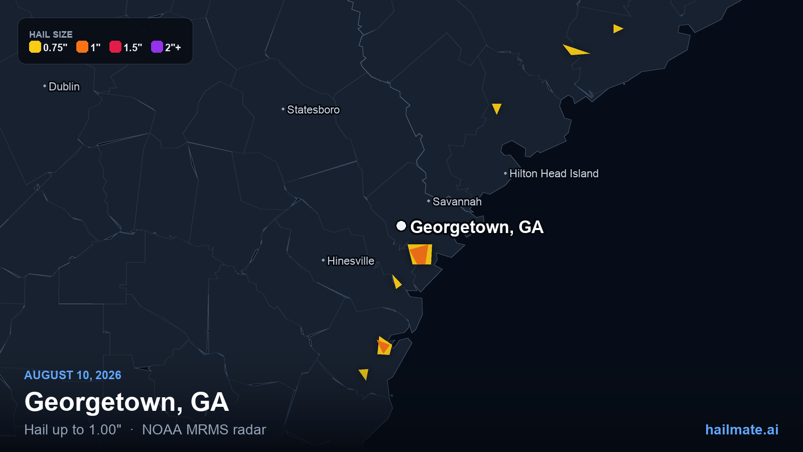 Hail swath map for Georgetown, GA on August 10, 2026 showing 1.00 inch hail.