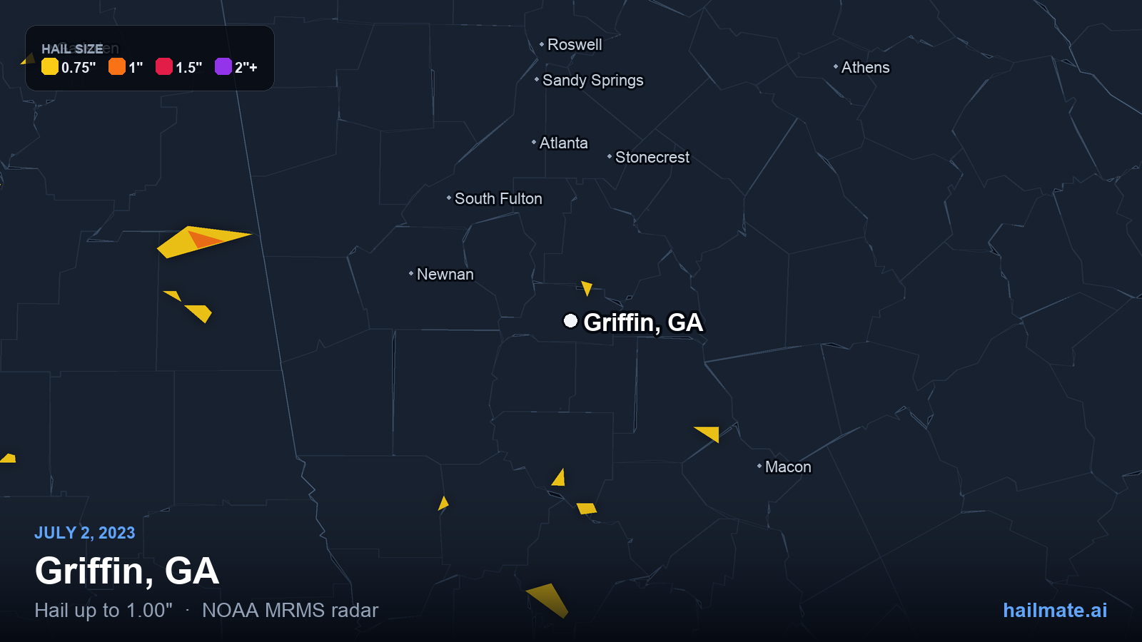 Hail swath map for Griffin, GA on July 2, 2023 showing 1.00 inch hail.