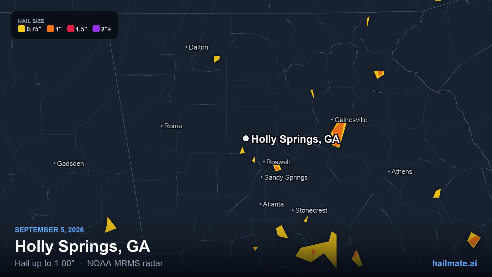 Hail swath map for Holly Springs, GA on September 5, 2026 showing 1.00 inch hail.