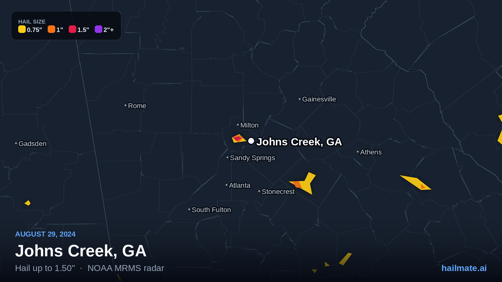 Hail swath map for Johns Creek, GA on August 29, 2024 showing 1.50 inch hail.