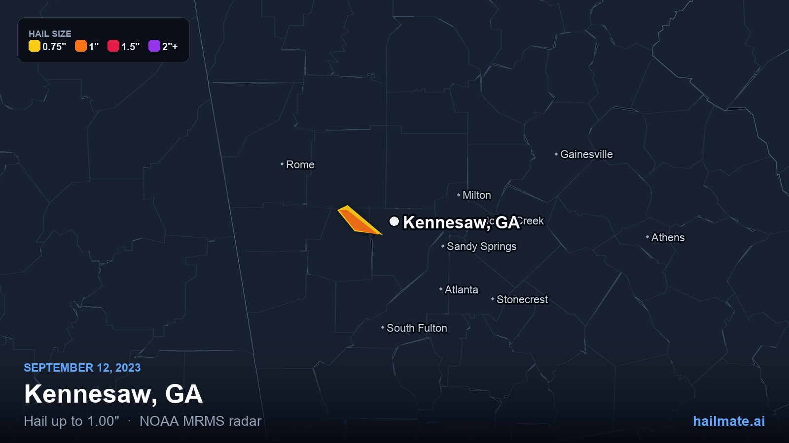 Hail swath map for Kennesaw, GA on September 12, 2023 showing 1.00 inch hail.
