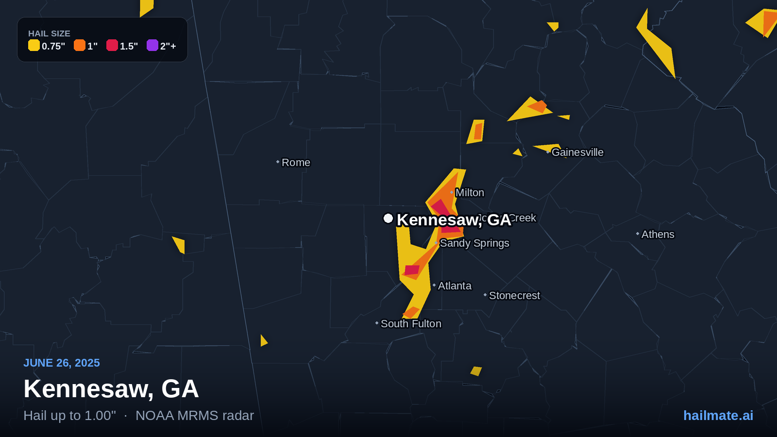 Hail swath map for Kennesaw, GA on June 26, 2025 showing 1.00 inch hail.