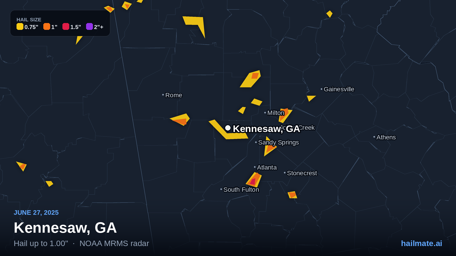 Hail swath map for Kennesaw, GA on June 27, 2025 showing 1.00 inch hail.