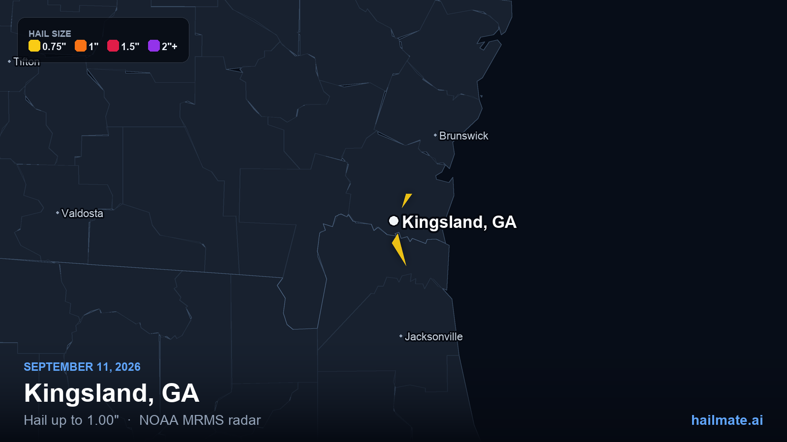 Hail swath map for Kingsland, GA on September 11, 2026 showing 1.00 inch hail.