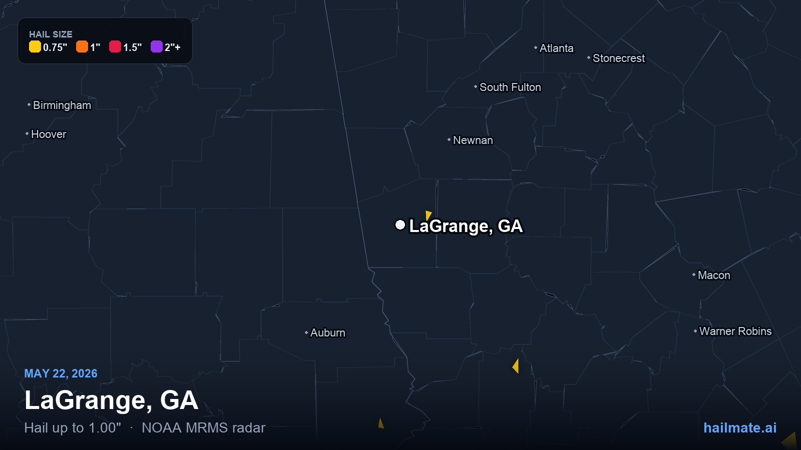 Hail swath map for LaGrange, GA on May 22, 2026 showing 1.00 inch hail.