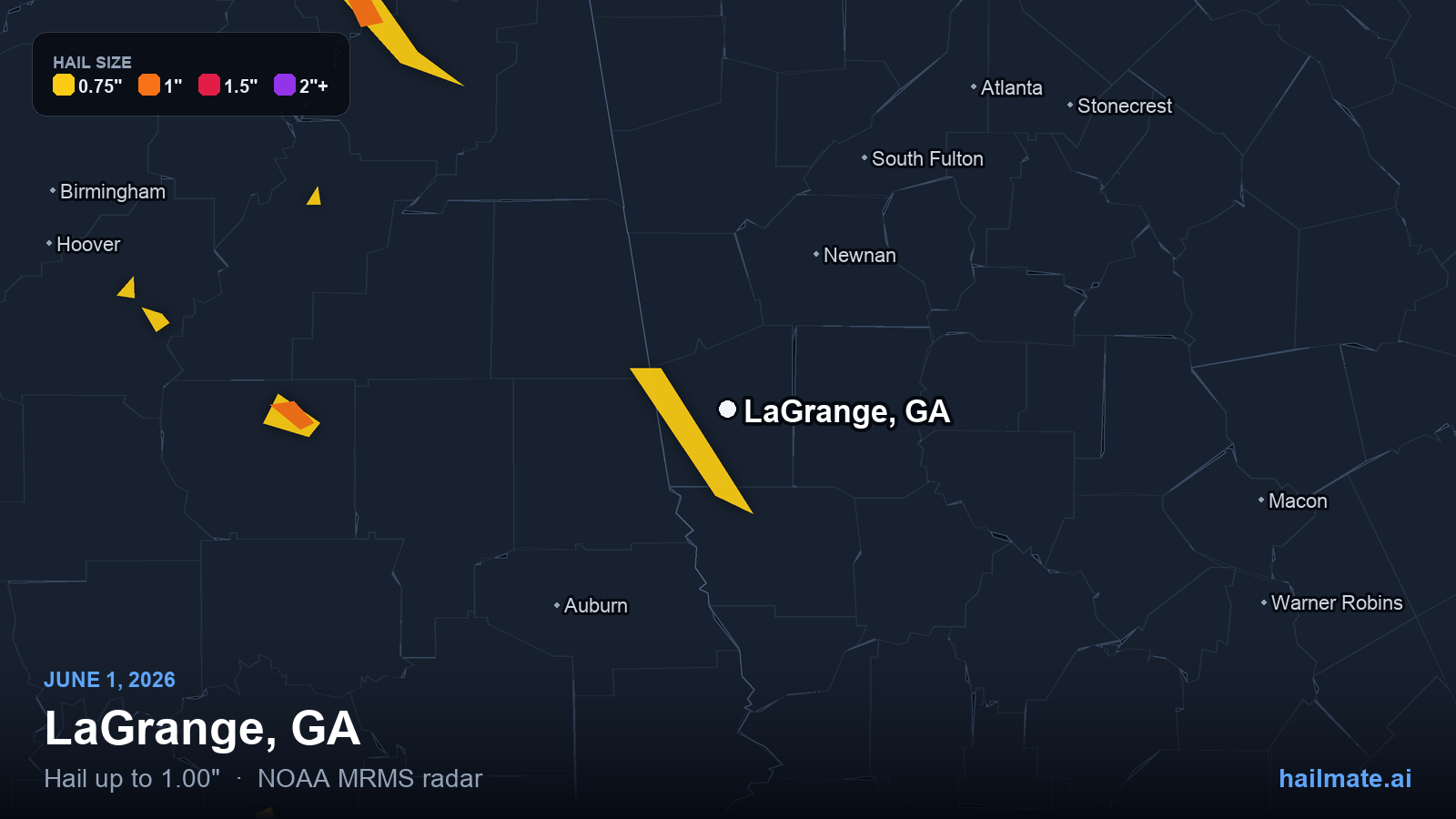 Hail swath map for LaGrange, GA on June 1, 2026 showing 1.00 inch hail.