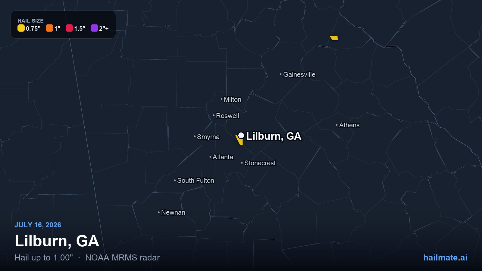 Hail swath map for Lilburn, GA on July 16, 2026 showing 1.00 inch hail.