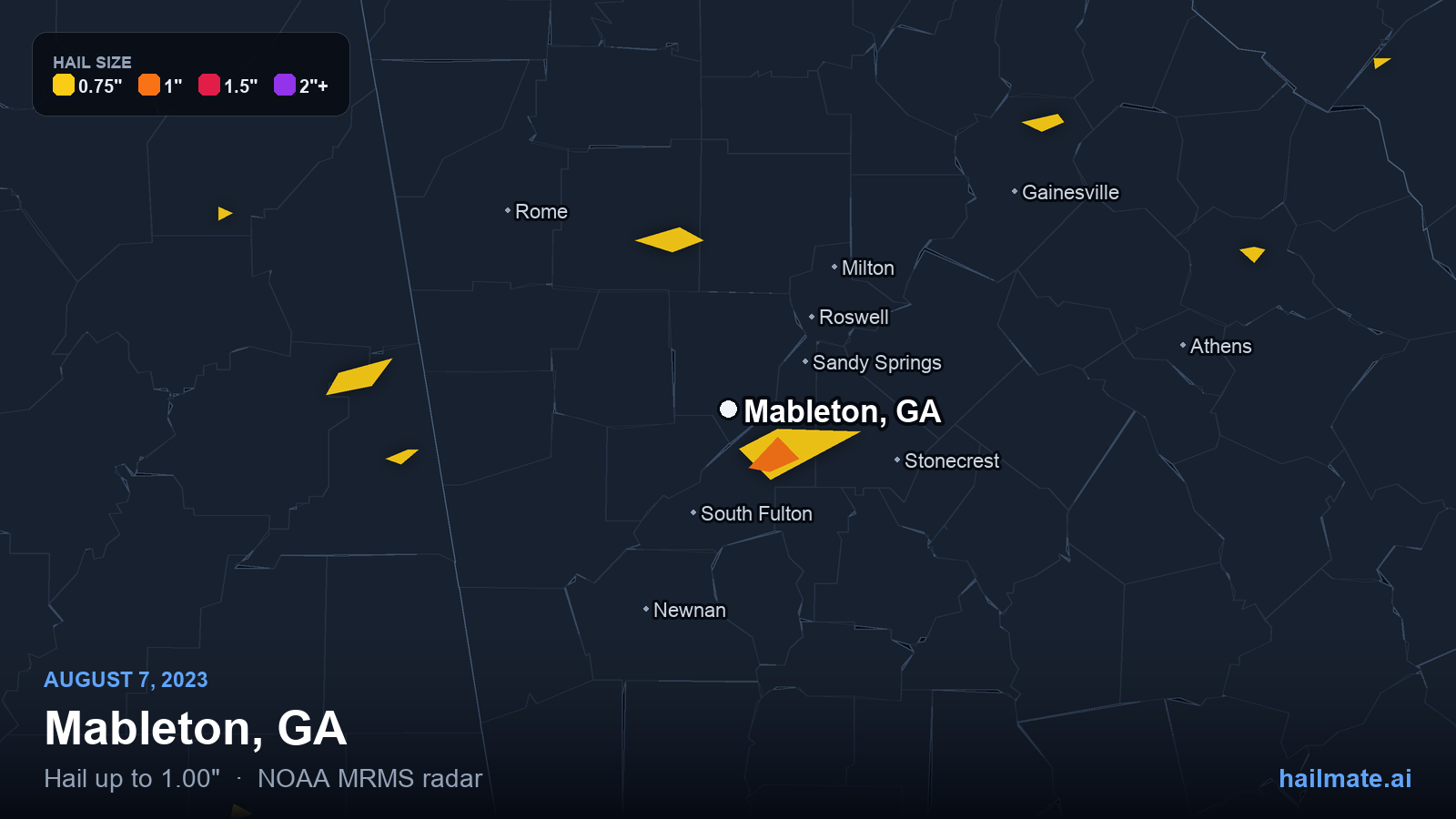 Hail swath map for Mableton, GA on August 7, 2023 showing 1.00 inch hail.