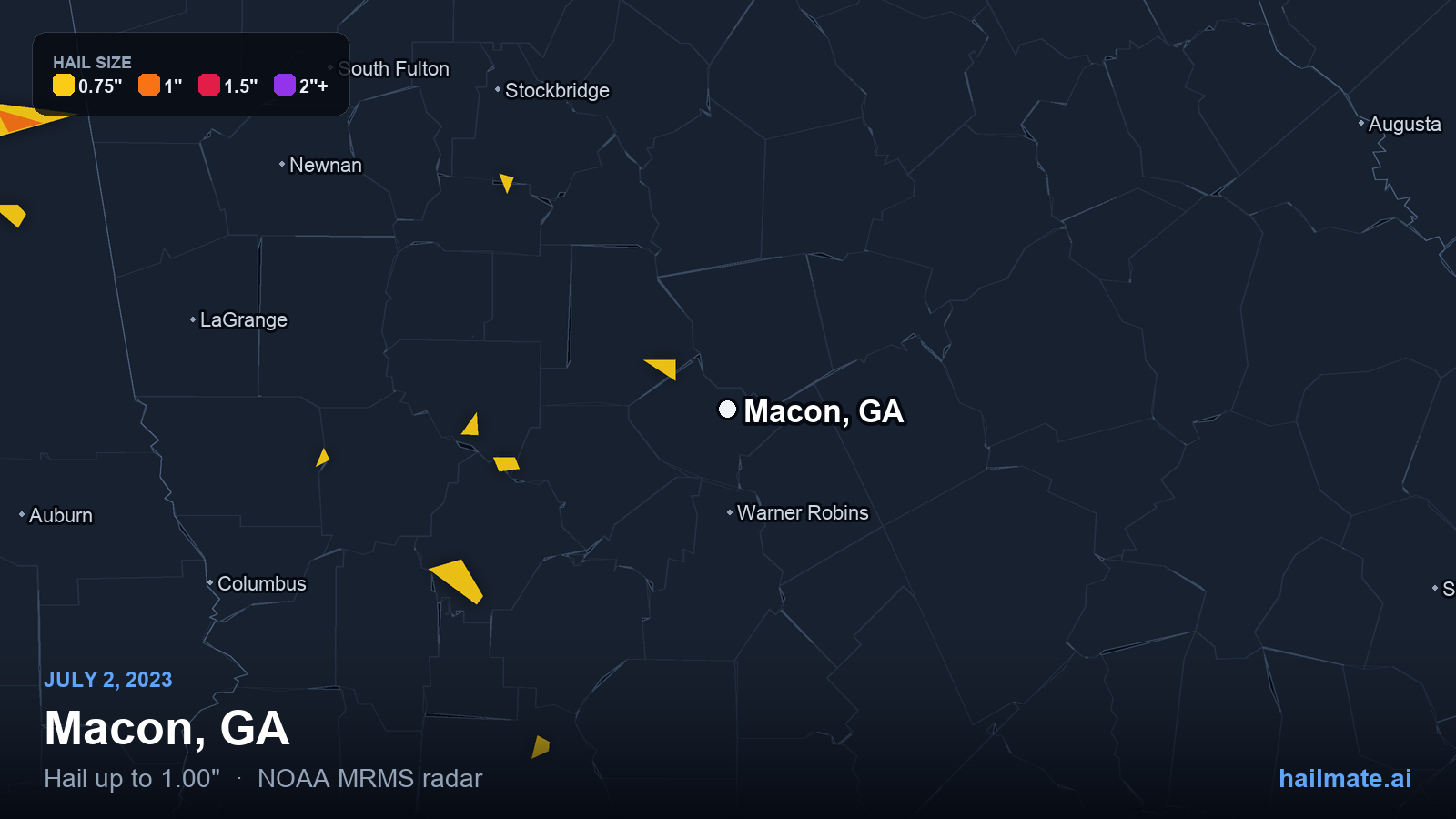 Hail swath map for Macon, GA on July 2, 2023 showing 1.00 inch hail.