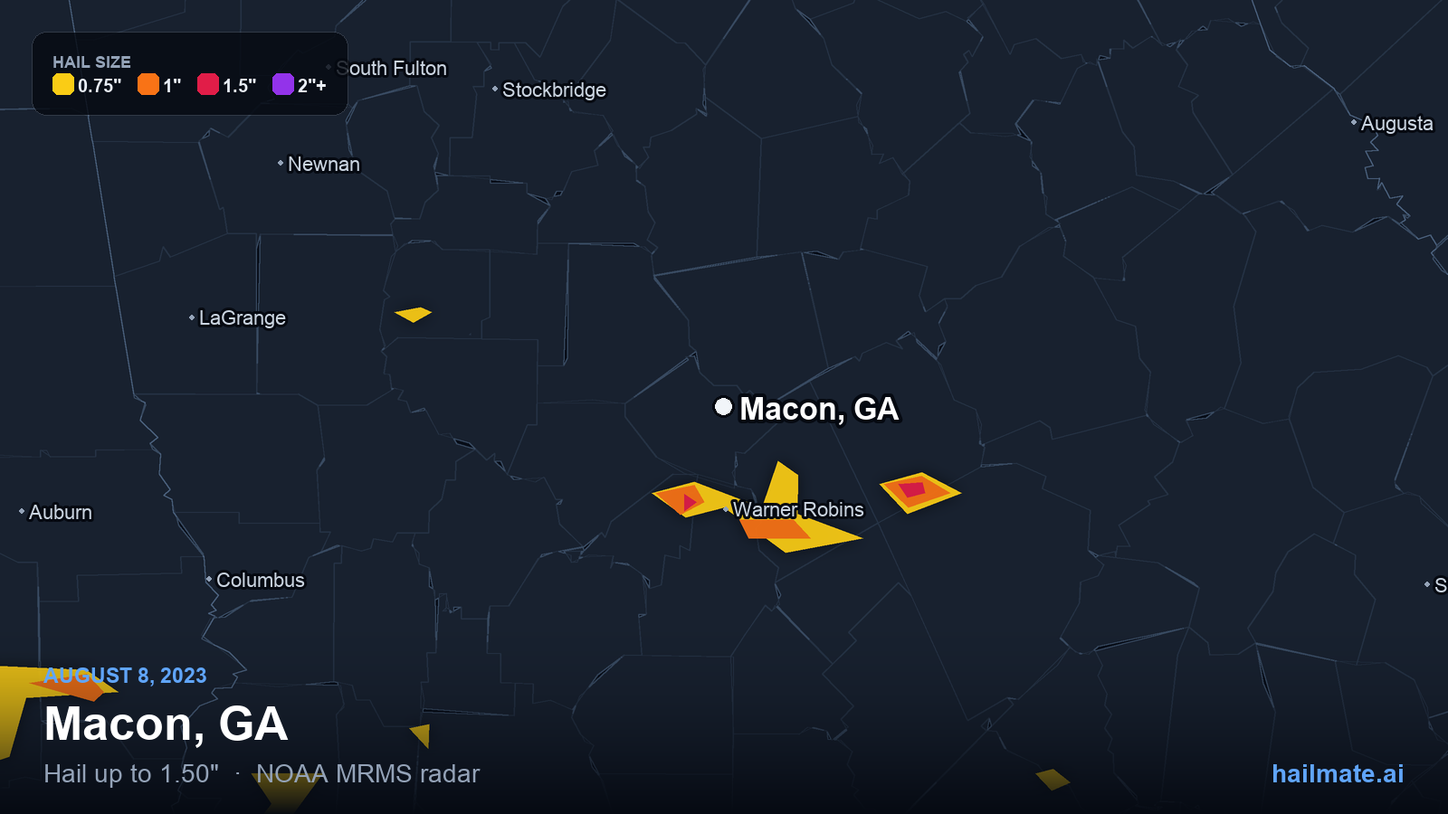 Hail swath map for Macon, GA on August 8, 2023 showing 1.50 inch hail.