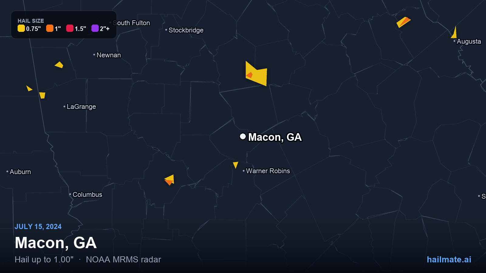 Hail swath map for Macon, GA on July 15, 2024 showing 1.00 inch hail.