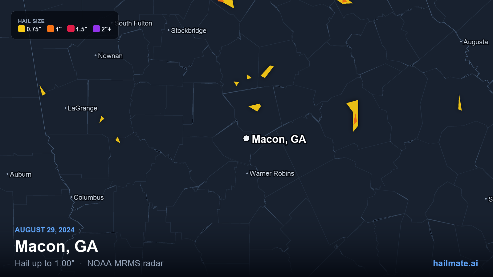 Hail swath map for Macon, GA on August 29, 2024 showing 1.00 inch hail.