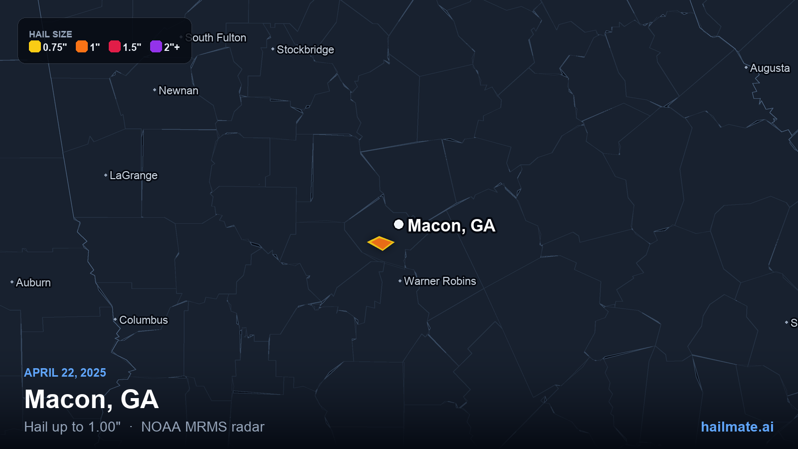 Hail swath map for Macon, GA on April 22, 2025 showing 1.00 inch hail.