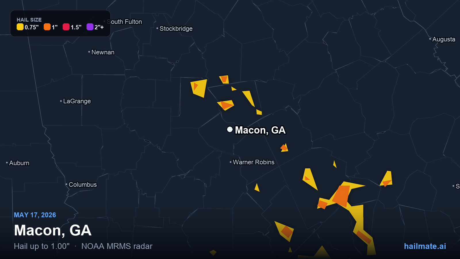 Hail swath map for Macon, GA on May 17, 2026 showing 1.00 inch hail.