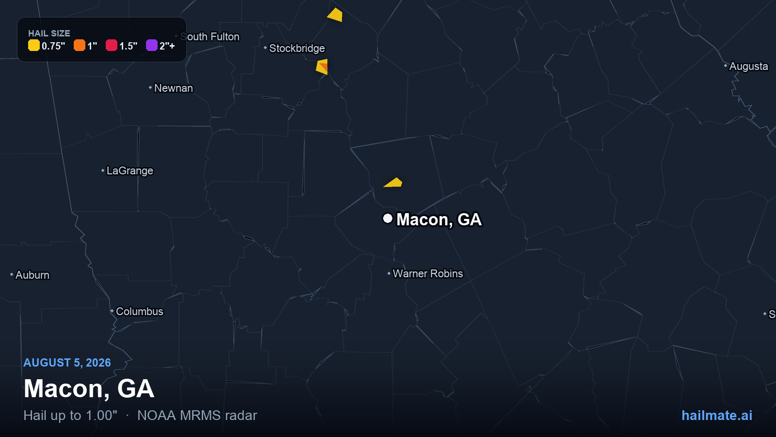 Hail swath map for Macon, GA on August 5, 2026 showing 1.00 inch hail.
