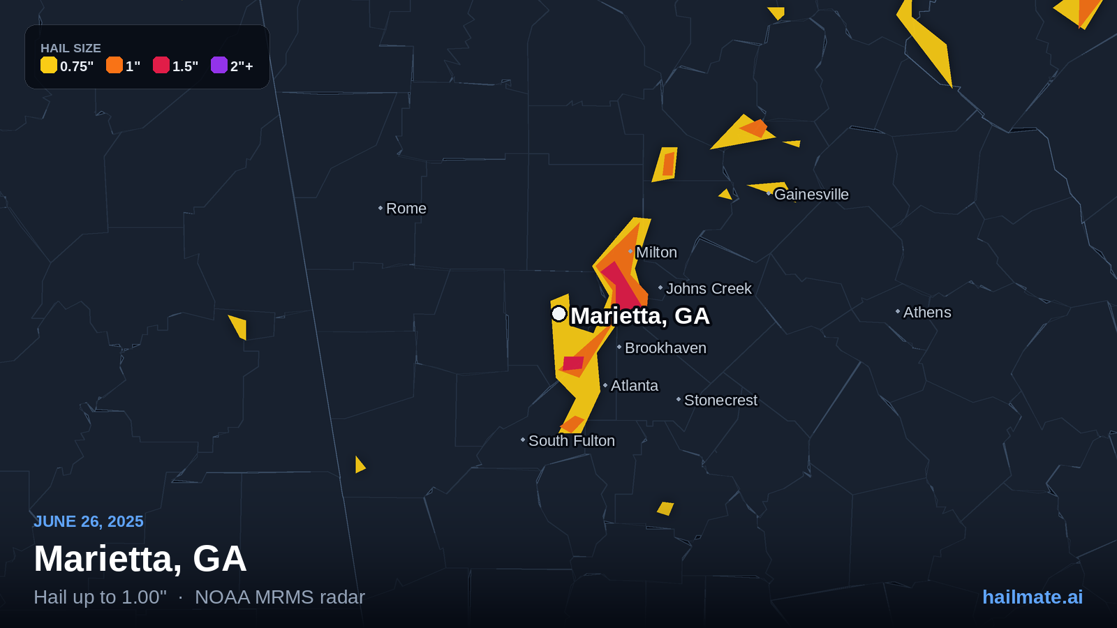 Hail swath map for Marietta, GA on June 26, 2025 showing 1.00 inch hail.
