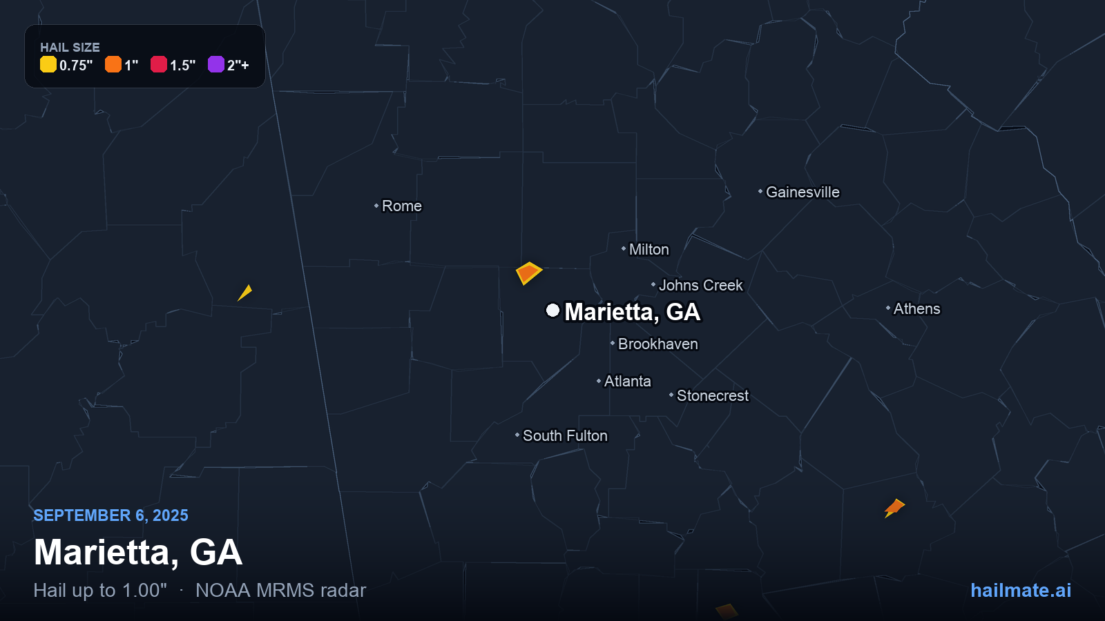 Hail swath map for Marietta, GA on September 6, 2025 showing 1.00 inch hail.