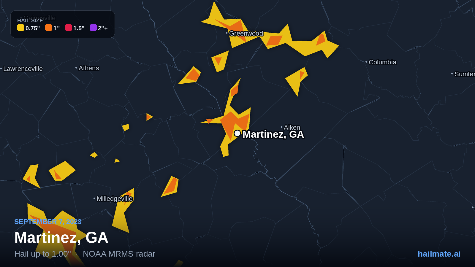 Hail swath map for Martinez, GA on September 7, 2023 showing 1.00 inch hail.