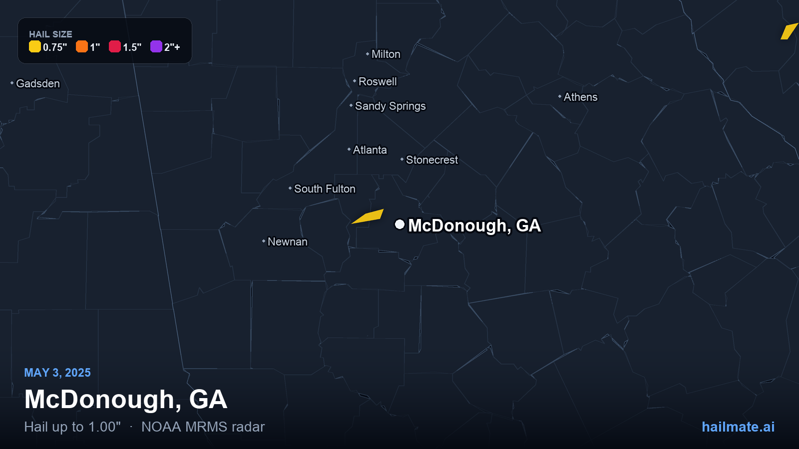 Hail swath map for McDonough, GA on May 3, 2025 showing 1.00 inch hail.