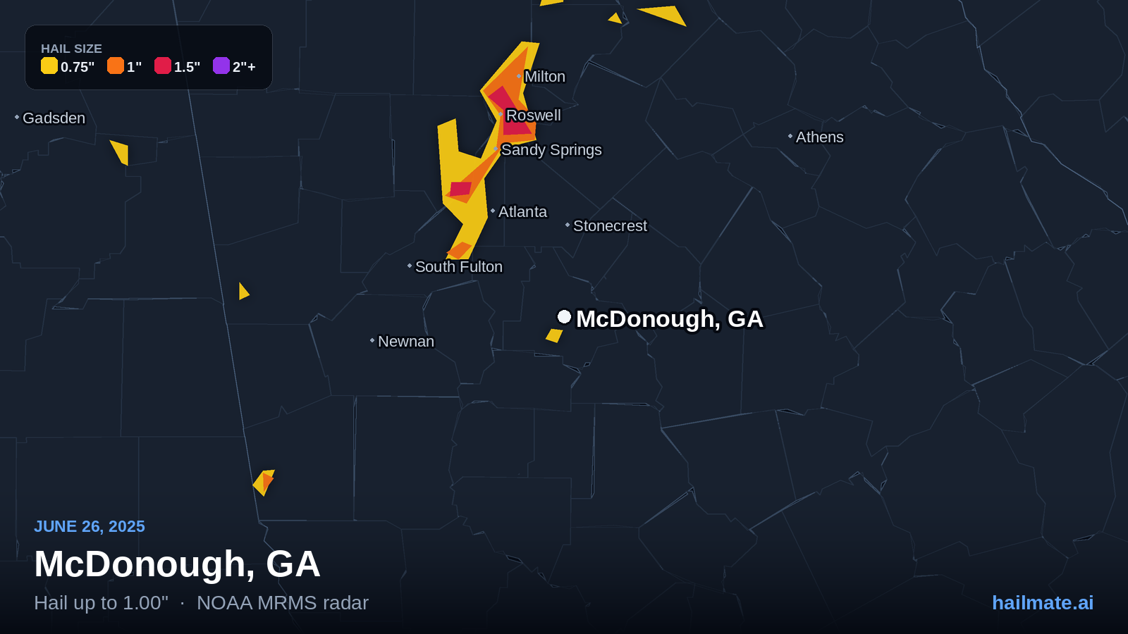 Hail swath map for McDonough, GA on June 26, 2025 showing 1.00 inch hail.